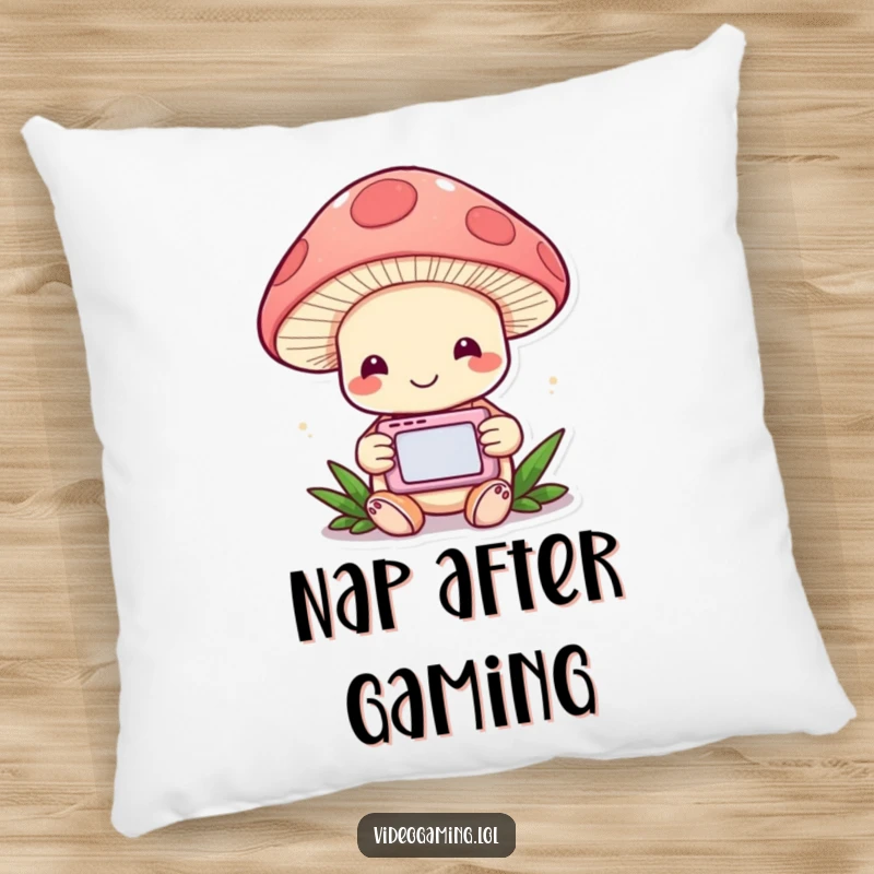 Funny Mushroom Gamer Pillow: A cheerful mushroom engrossed in a handheld game, bringing cozy, whimsical humor.