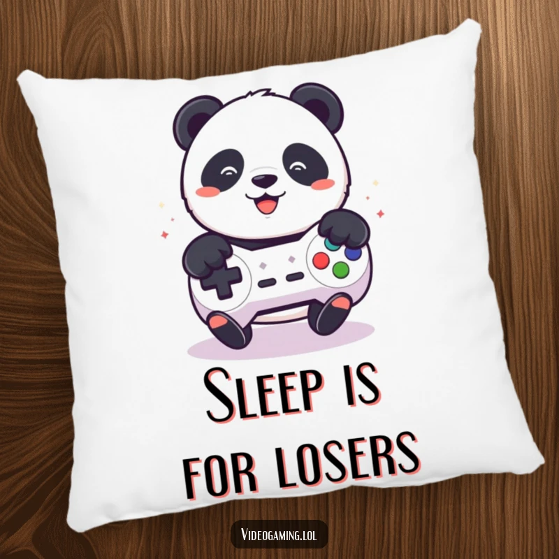 Funny pillow design featuring a playful panda furiously mashing buttons on a game controller, ready for a cozy break.