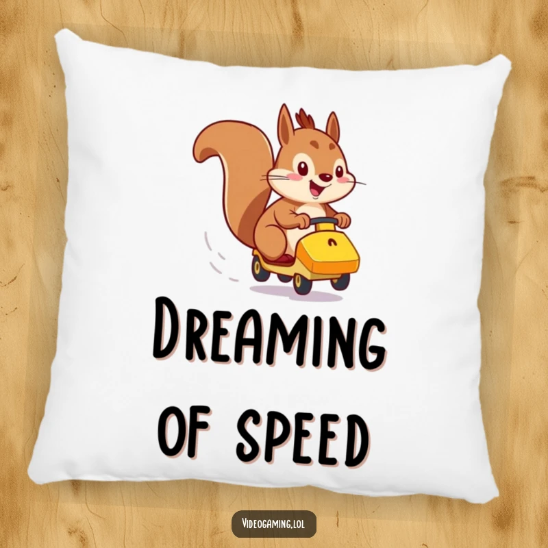 Funny pillow design featuring an energetic squirrel racing a small vehicle with determination and speed.