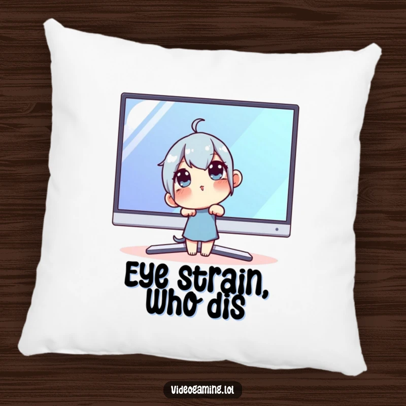 Funny Techie Pillow: A curious character resting near a large monitor, offering comfort and a humorous take on tech obsession.