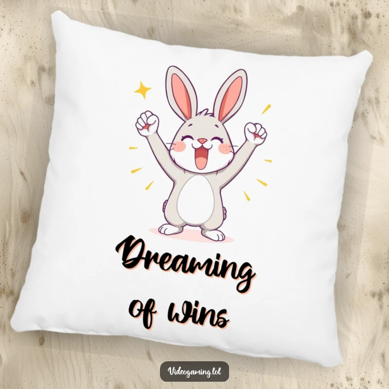 Funny pillow featuring a playful bunny in a triumphant pose, bringing a sense of victory and cheerful comfort.