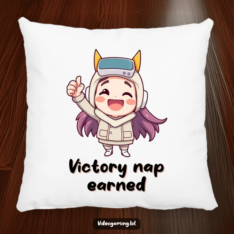 Funny pillow depicting a happy character celebrating a virtual victory with a fist pump, offering comfort and cheer.