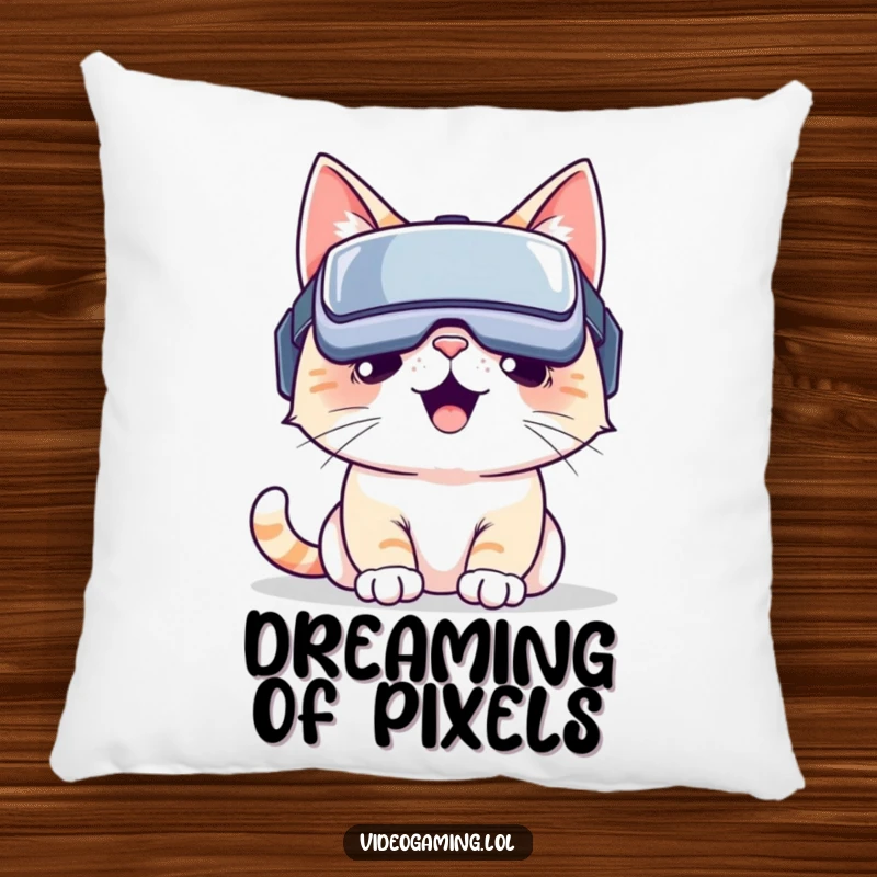Funny VR cat pillow: A smiling cat with a VR headset, fully immersed in a computer-generated world. Great funny gift.