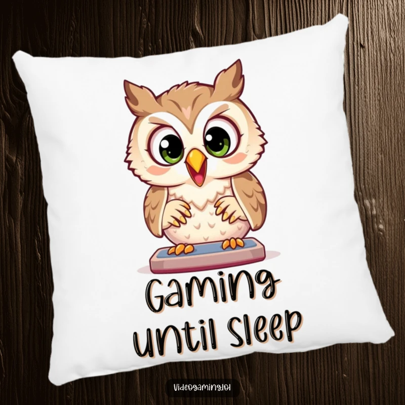 Funny Owl Pillow: A joyful owl plays a game with wide, focused eyes, offering soft comfort and gamer-centric vibes.