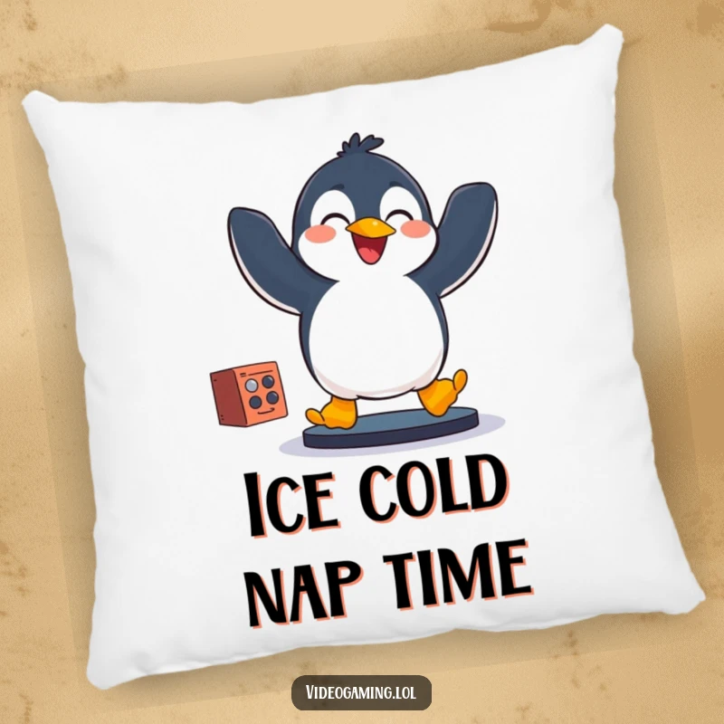 Funny penguin mid-jump, controller clutched gleefully, a soft and hilarious pillow for gaming enthusiasts.