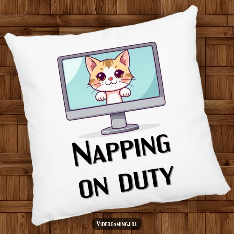 Funny pillow with a curious cat peeking from behind a large monitor, offering plush comfort and hilarious curiosity.