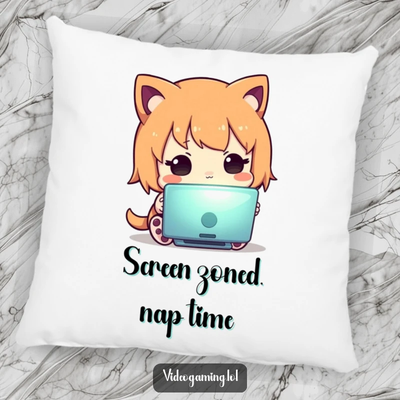 Funny pillow with a curious character absorbed in a bright screen, offering comfort and a touch of digital humor for relaxation.