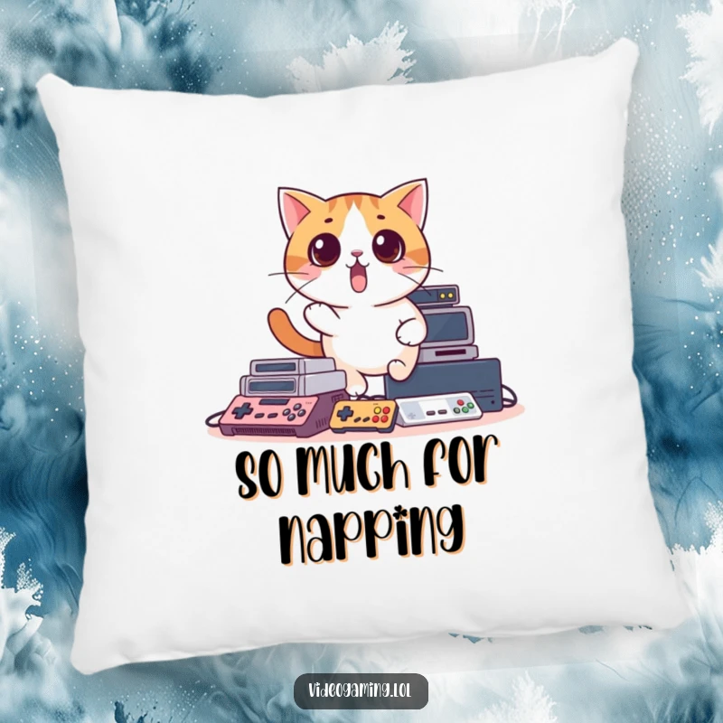 Funny plush pillow featuring a surprised cat hilariously tripping over stacked video game consoles, a humorous addition to gamer decor.