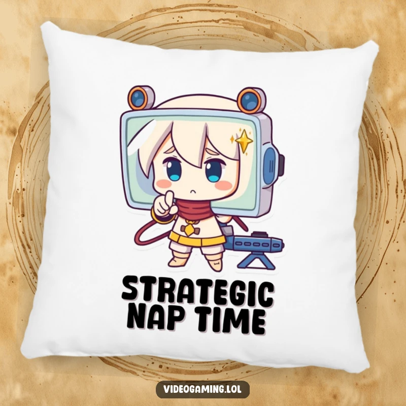 Funny pillow depicting a strategic character pointing at a screen with concentration, offering comfort and a humorous touch.