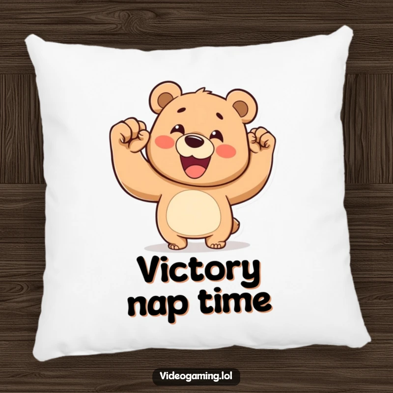 Funny pillow design featuring a happy bear pumping its fist in the air, a symbol of pure victory.