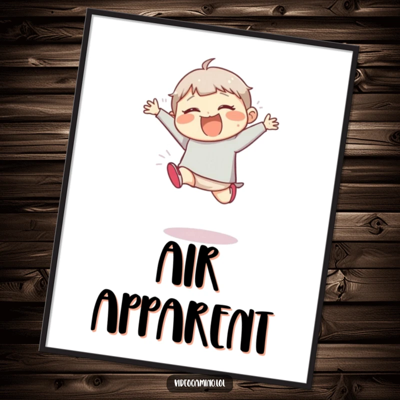 Funny digital art print showing a giggling character executing a massive, wobbling, clumsy jump with infectious glee.