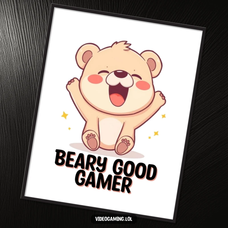 Funny digital art print of a happy bear cub laughing uncontrollably over a pixelated video game victory.