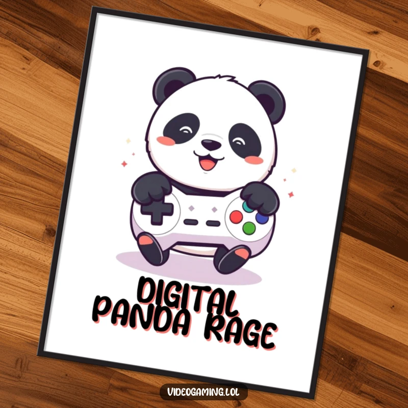 Funny digital art print of a playful panda furiously mashing buttons on a video game controller.