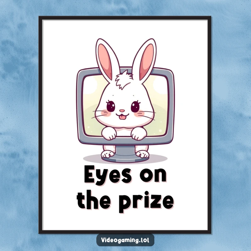 Funny digital art print of a cheerful rabbit intensely staring at a glowing monitor, offering instant humorous gamer decor.