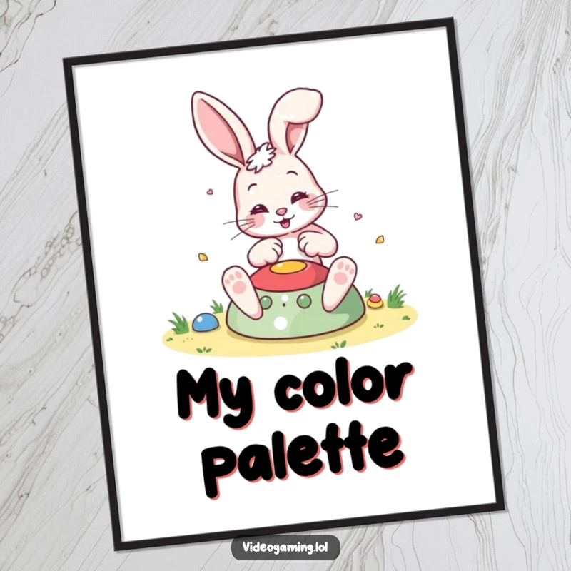 Funny Bouncing Bunny Digital Art Print, enthusiastically playing a colorful game, capturing pure joy and gaming spirit.
