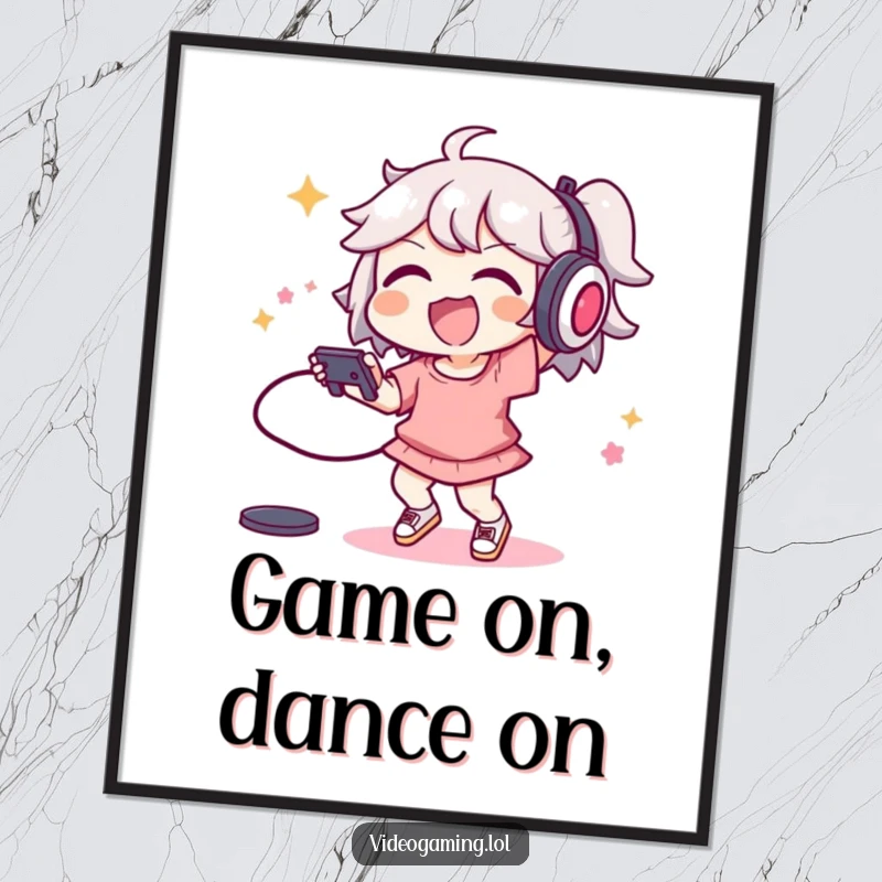 Funny digital art print of a joyful character performing an energetic dance move with a video game controller.