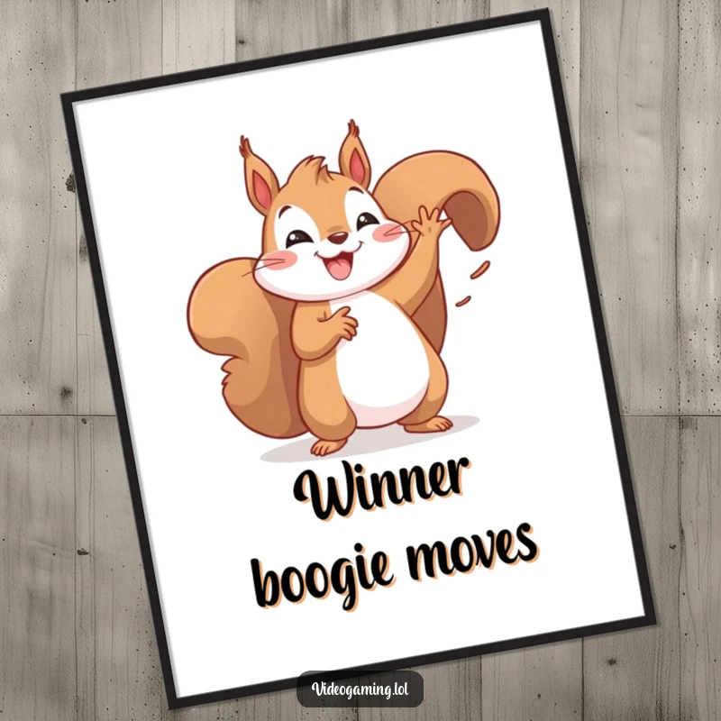 Funny digital art print of a happy squirrel performing a lively victory dance. Instant wall decor.