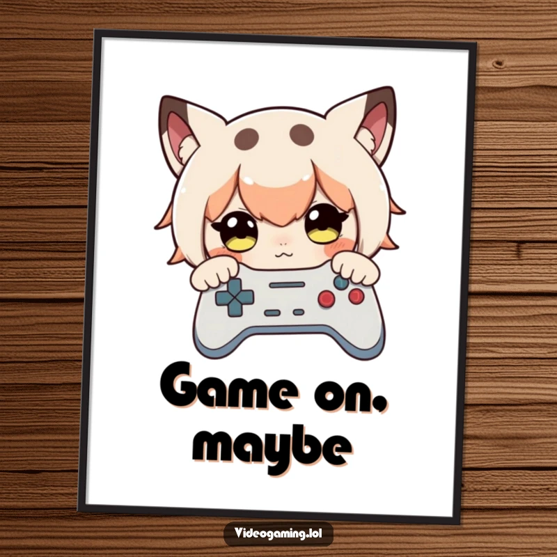 Funny digital art print of a curious character with wide, focused eyes, intently peering at a game controller.