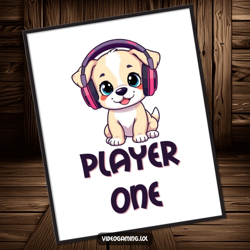 Funny Digital Art Print: A playful puppy wearing large gaming headphones, focused on a virtual adventure.