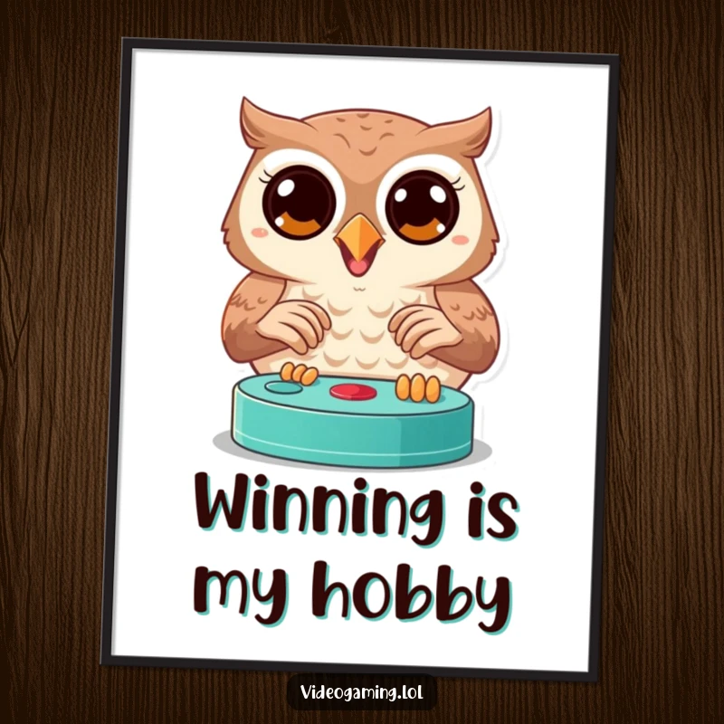 Funny owl digital art print of a joyful bird with wide, focused eyes playing a video game, instant decor.