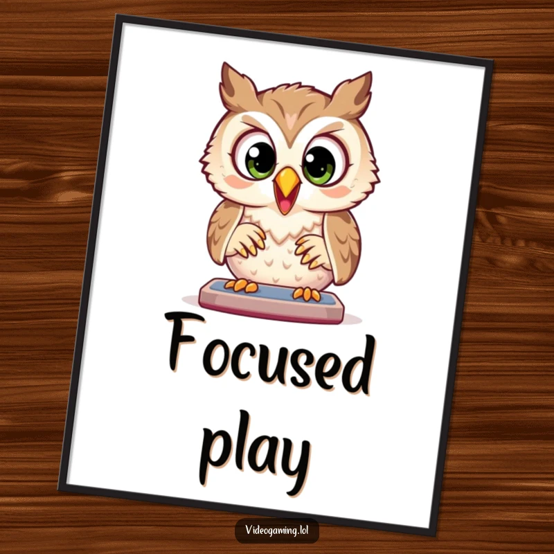 Funny Owl Digital Art: A joyful owl plays a game with wide, focused eyes, creating intense and humorous wall decor.