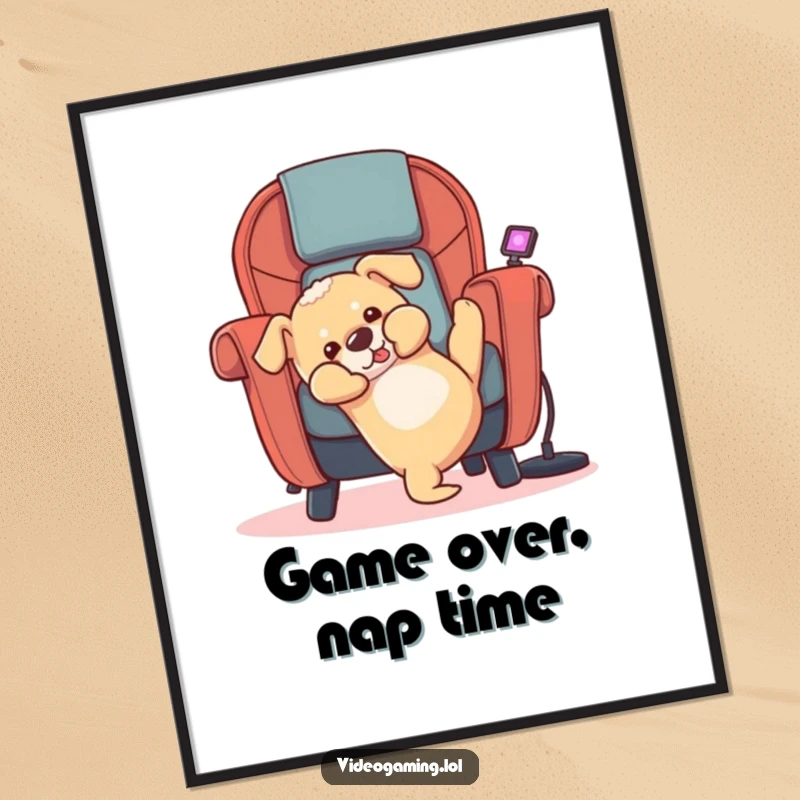 Funny puppy digital art print showing a surprised dog tumbling backward out of a gaming chair, perfect wall decor.