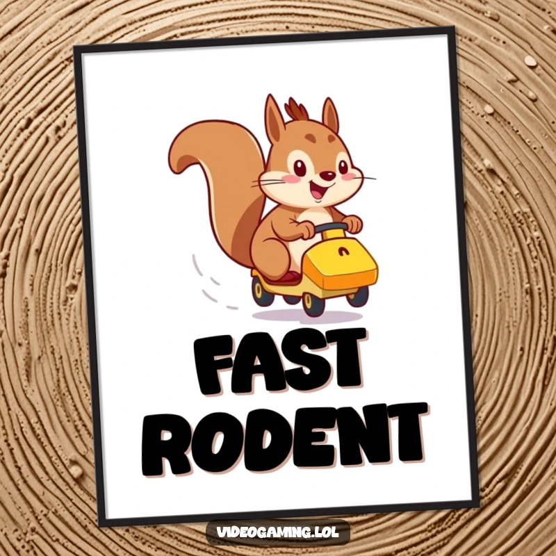 Funny digital art print of an energetic squirrel racing a small vehicle with intense speed and focus.