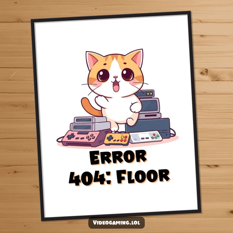 Funny digital art print of a surprised cat stumbling over video game consoles, offering instant humorous gamer decor.
