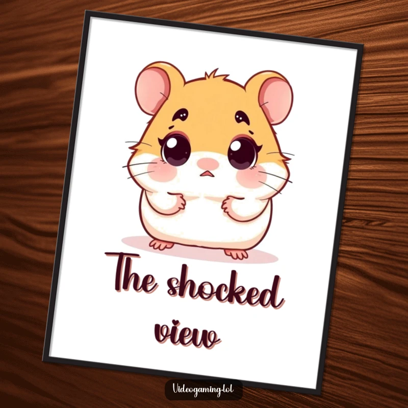Funny digital art print of a hamster with comically wide, surprised eyes, capturing a moment of utter shock.