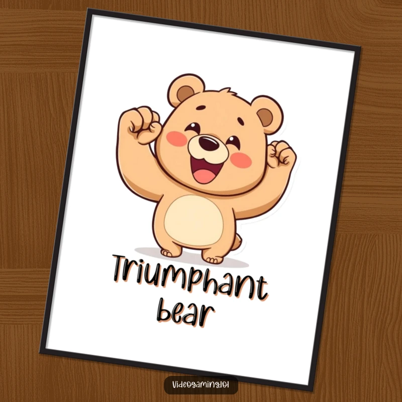 Funny digital art print of a happy bear pumping its fist in the air, signifying a triumphant victory.