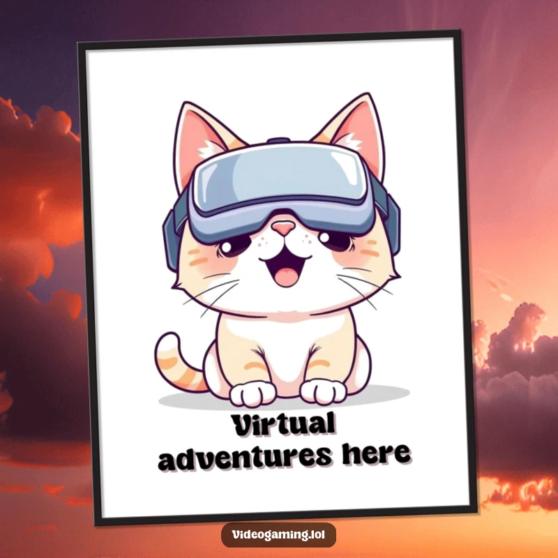 Funny VR cat digital art: A joyful cat wearing a VR headset, lost in a vibrant, imaginative virtual reality. Perfect funny gift.
