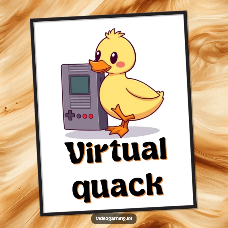Funny wobbly duck digital art, teetering with a vintage game cartridge, a humorous printable for gamers, embodying playful struggle and joy.