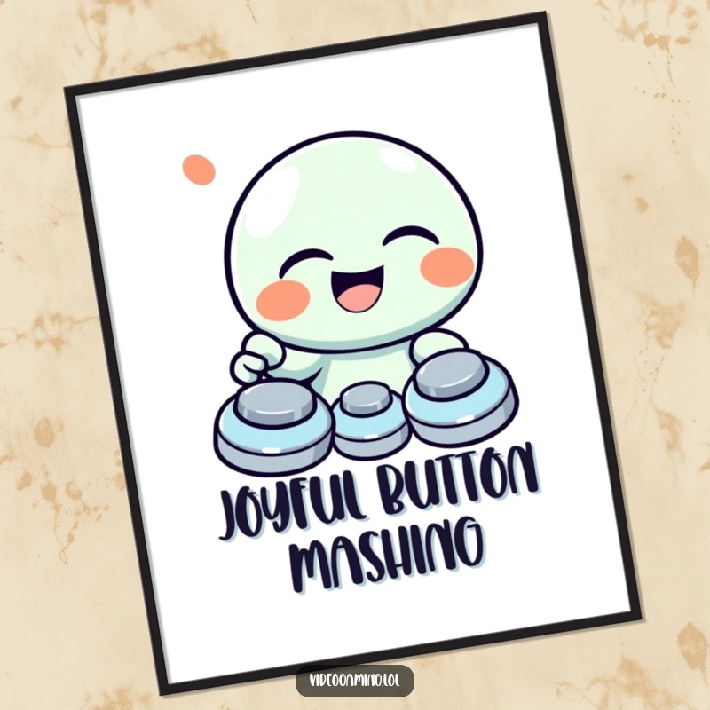 Funny digital art print of a giggling character laughing heartily while enthusiastically mashing game buttons.