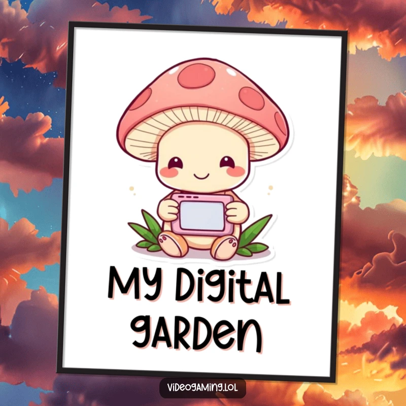 Funny Mushroom Gamer Digital Art: A cheerful mushroom engrossed in a handheld game, bringing instant whimsical joy.