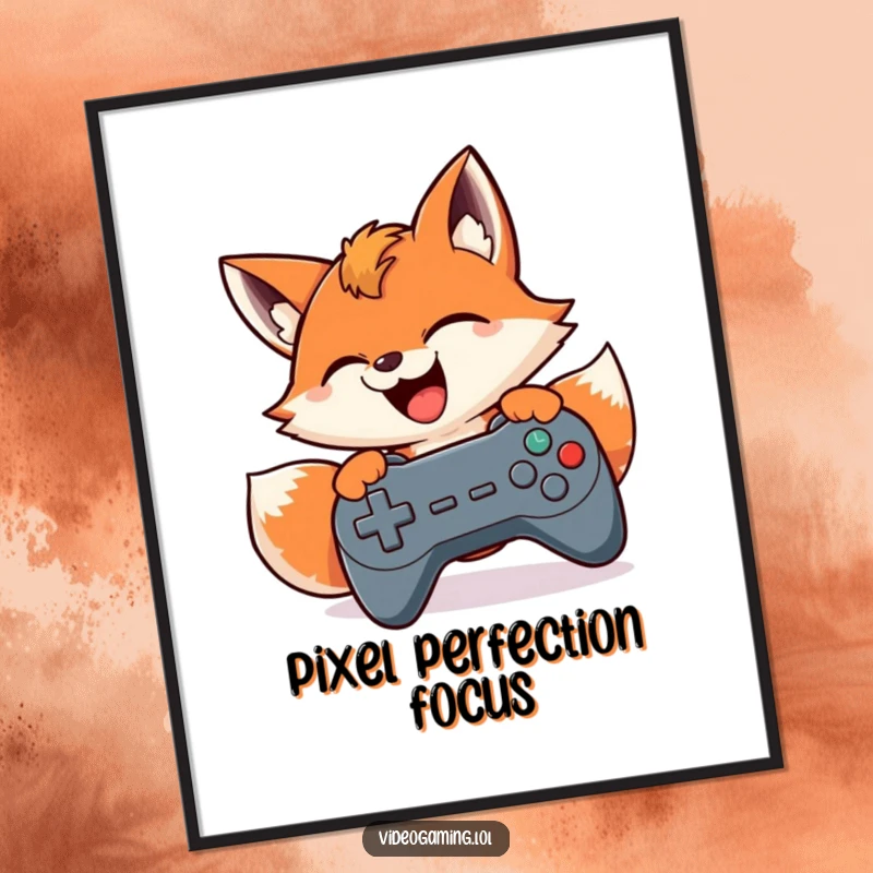 Funny digital art print of a smiling fox intensely mashing game controller buttons, capturing the humor of dedicated gaming.