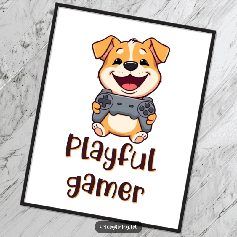 Funny Dog Digital Art: A playful dog grins widely holding a controller, creating fun and enthusiastic wall decor.