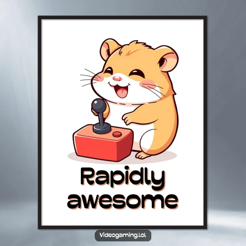 Funny Hamster Gamer Digital Art: A giggling hamster excitedly manipulates a tiny joystick, embodying pure fun.