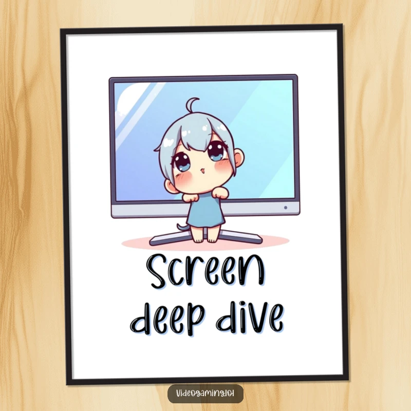 Funny Techie Digital Art: A curious character leaning into a large monitor, capturing the essence of digital exploration humorously.