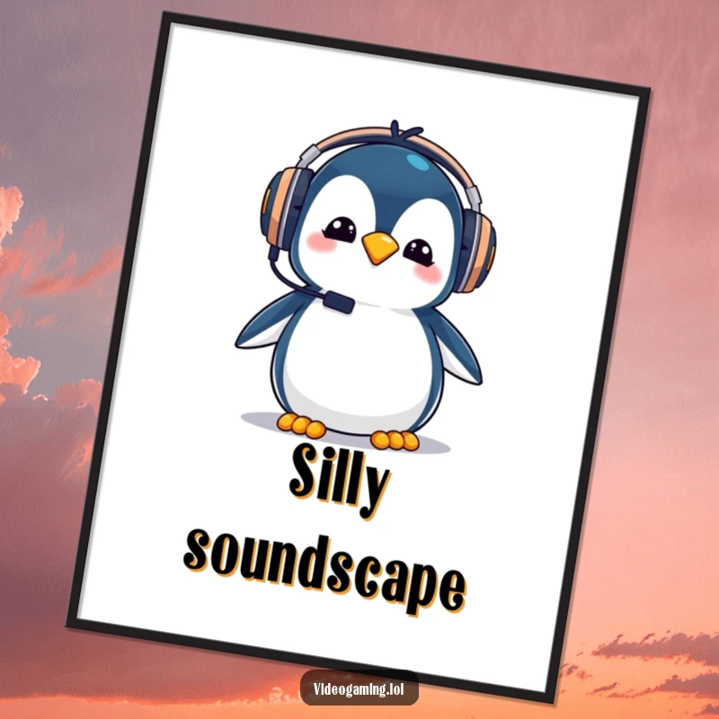 Funny penguin gamer digital art print showing a silly penguin wearing oversized gaming headphones goofily.