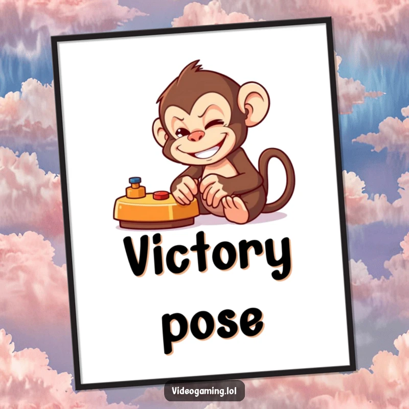 Funny Monkey Gamer Digital Art Print of a mischievous monkey with a huge grin, intensely playing a video game, full of energy.