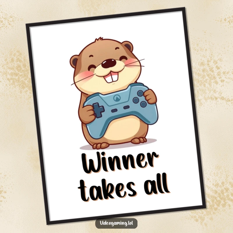Funny Otter Gamer Digital Art: A proud otter with a huge grin clutches a game controller, embodying gaming joy.