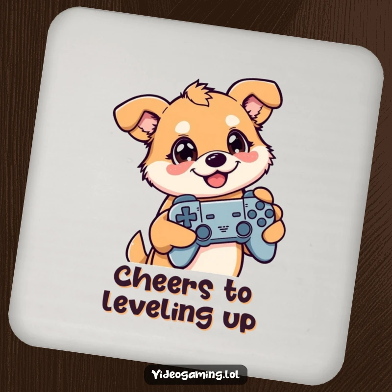 Funny drink coasters featuring a happy dog gaming, providing protection with a humorous gaming theme.