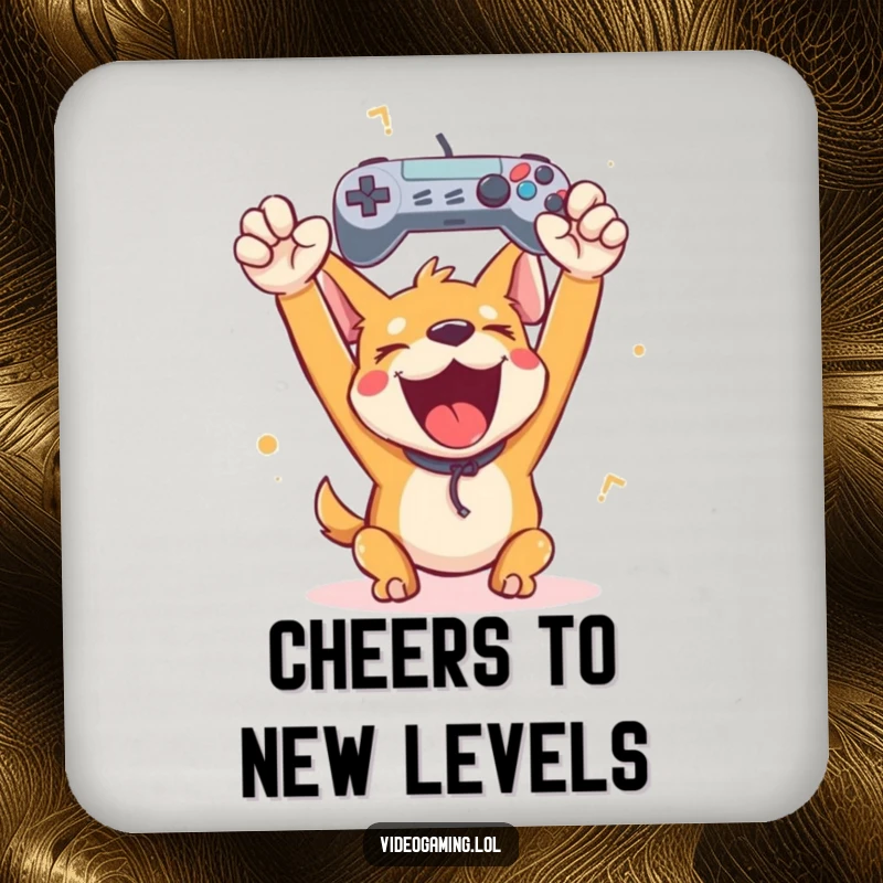 Funny happy dog holding a game controller aloft in victory, a humorous coaster design for triumphant surface protection.