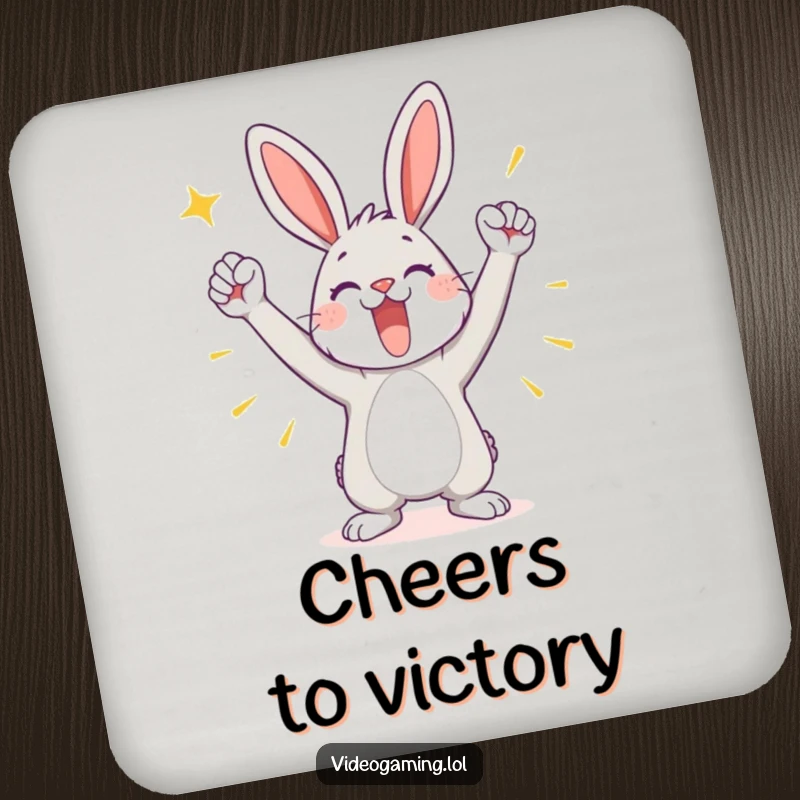 Funny drink coasters showing a playful bunny in a triumphant pose, celebrating a victory with cheerful and protective humor.