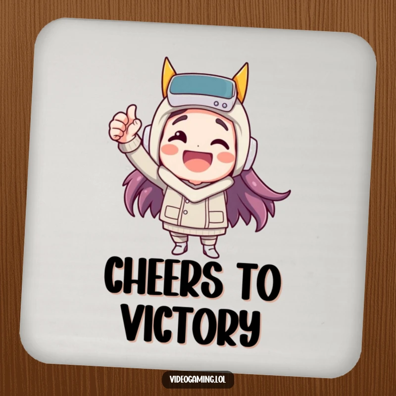 Funny drink coaster with a happy character celebrating a virtual victory with a fist pump, a humorous accessory.