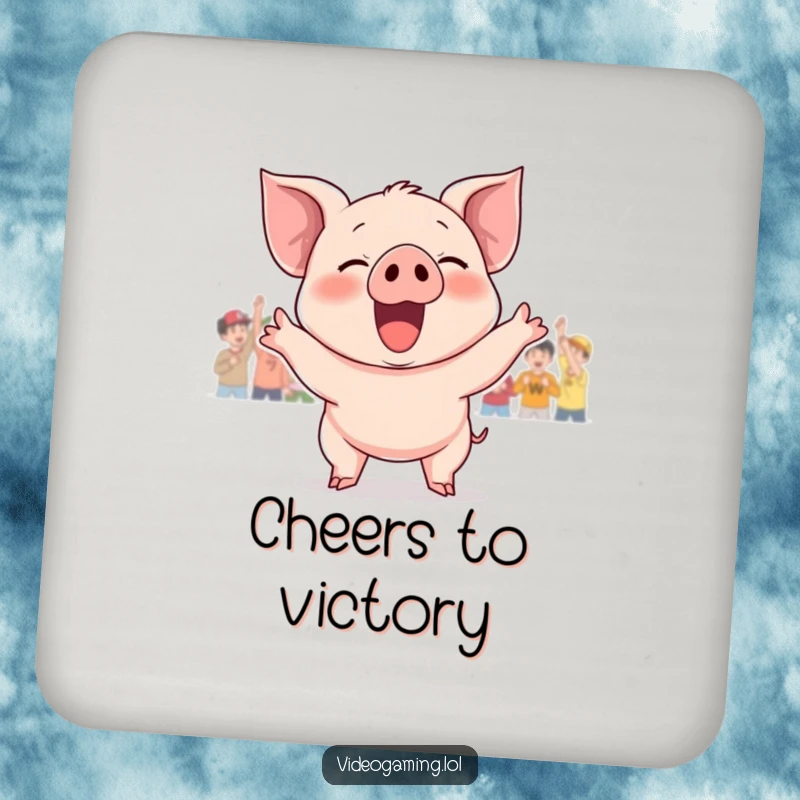 Funny drink coaster with a piglet cheering loudly after a game victory. Protects surfaces.
