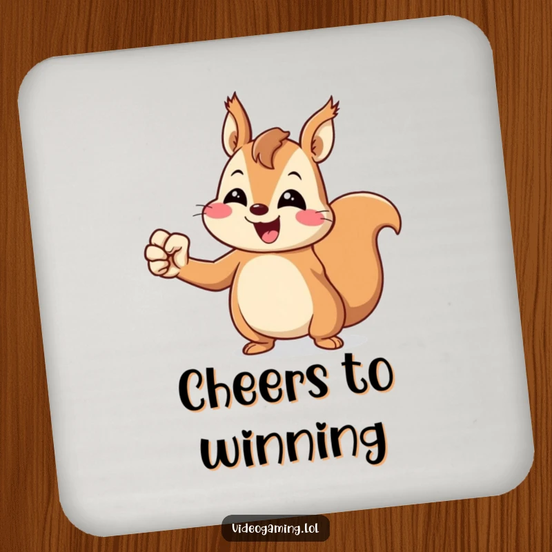 Funny Squirrel Coaster: A cheerful squirrel pumps its fist in victory, protecting surfaces with triumphant charm.