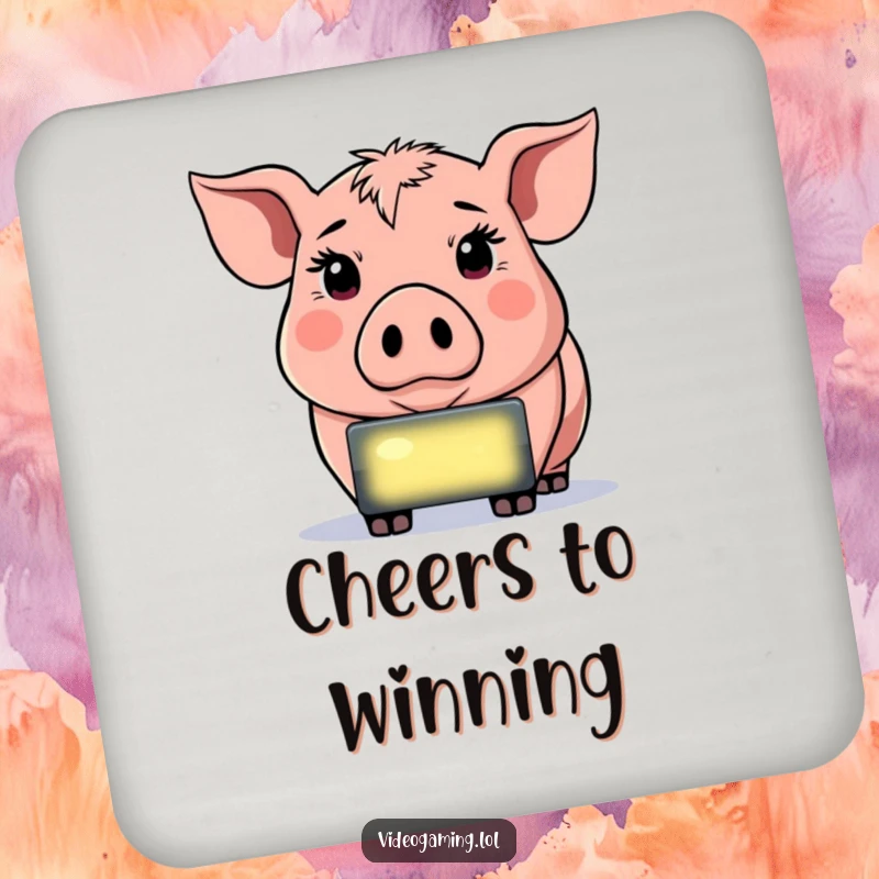 Funny Determined Pig Coaster, staring intently at a glowing screen, protecting surfaces with gamer humor.