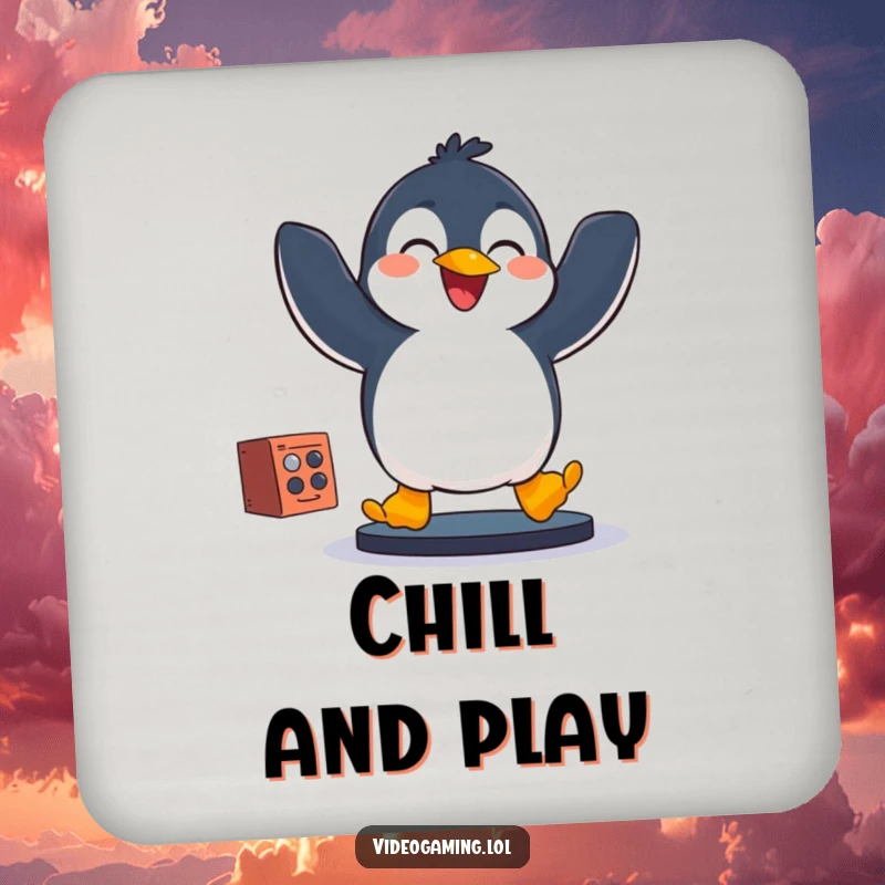 Funny penguin jumping with excitement, depicted on coasters for protecting surfaces with hilarious flair.