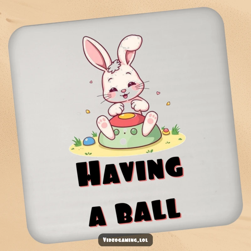 Funny Bouncing Bunny Coaster, depicted playing a colorful game, protecting surfaces with a dose of gaming humor.